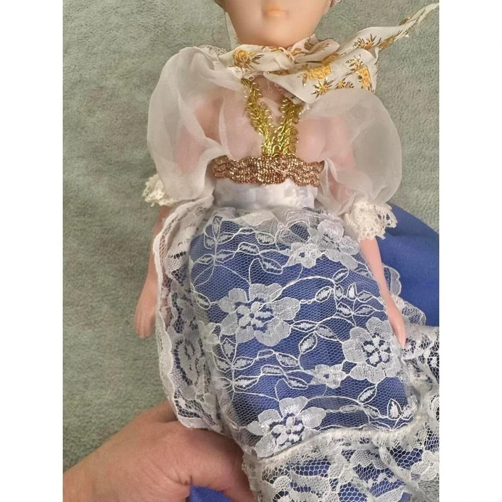 Vintage European Folk Costume Collector Doll Blue Sleep Eyes Lace Apron 10‎ Inch